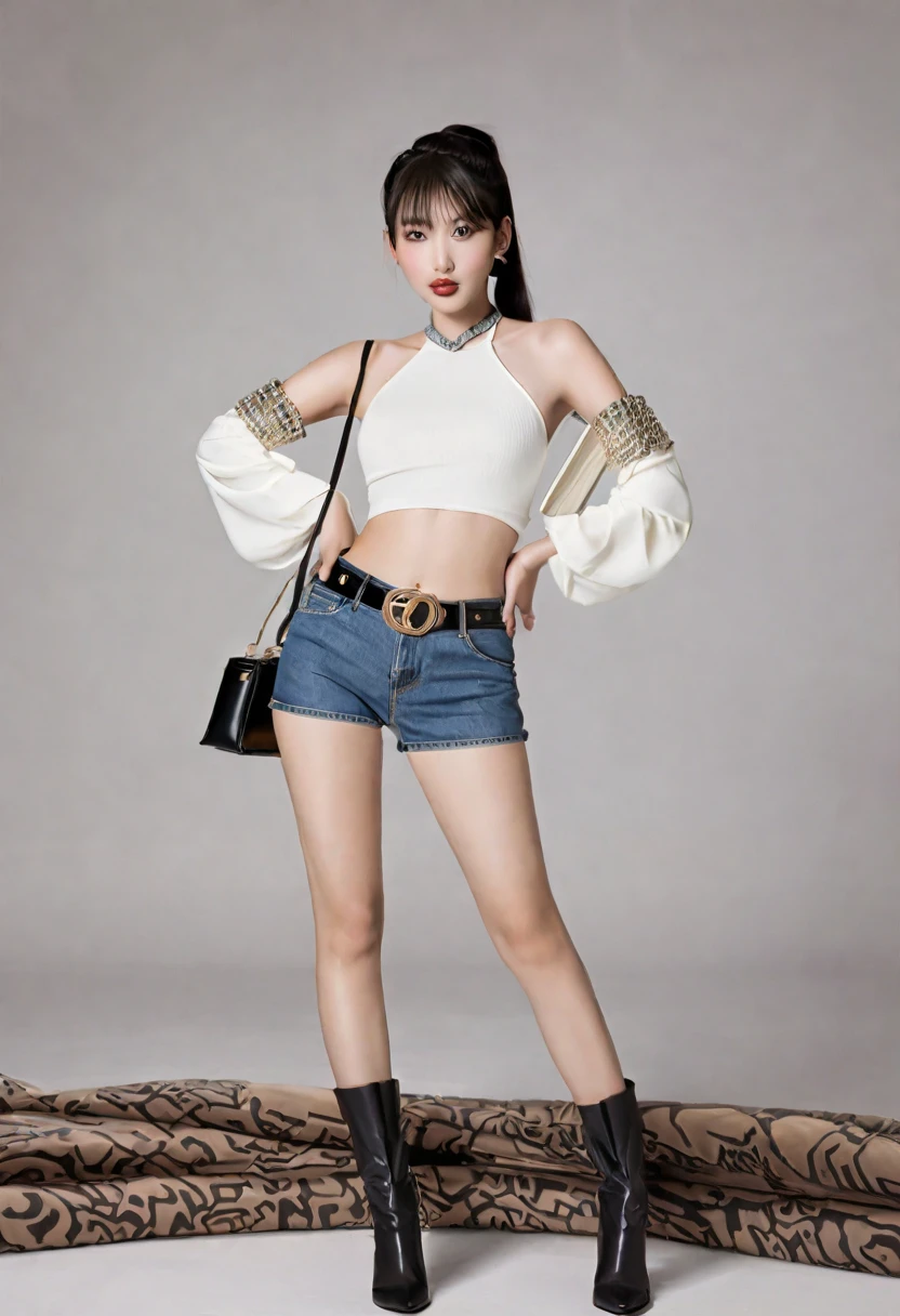 Chinese tiktok model with Slender and fair with a strikingly beautiful face. Her features are delicately sharp, emphasizing her youth and beauty. She has flawless, porcelain skin and a foxy look, Long, straight black hair often styled in high ponytails or sleek updos, high-end outfits, fashionable, and revealing outfits such as tight halter crop tops, ultra-short skin-tight denim shorts, and thigh-high designer boots. Luxurious items like a Hermes belt, high-end jewelry, and designer handbags, Unapologetically haughty, confident, and enjoys flaunting her elite status. Her expressions are often mercilessly smirking or mocking, character sheet, multiple poses, expressions and angles.