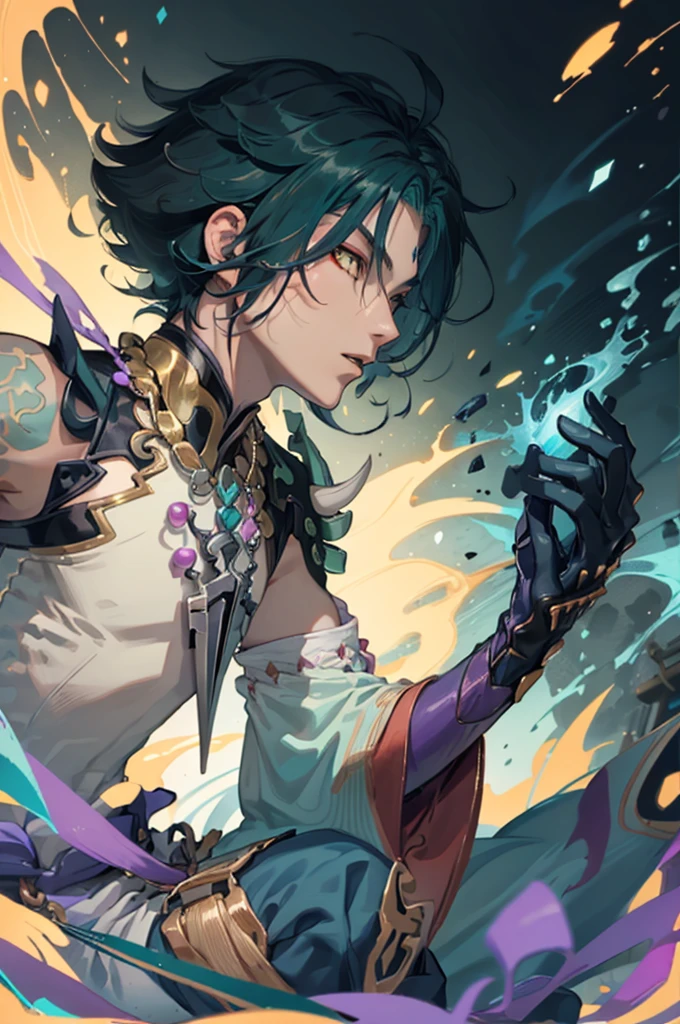 1 adult male solo,xiao \(genshin impact\), 1boy, male focus, short dark teal hair, yellow eyes, white sleeveless shirt, necklace, green tattoo on arm, detached white sleeve, black gloves, wide blue pants, black boots, pink and purple clothes details, black shoulder armor with spikes,