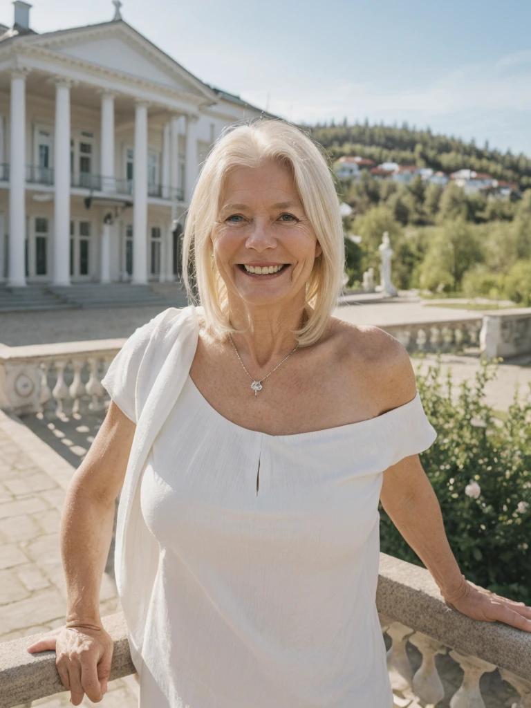 A realistic, photorealistic image of Felicidad, a 60-year-old Finnish woman with a Scandinavian background, (((white blonde and shoulder length hair))), smiling and enjoying, overlooking the mansion over the hilltop, upper body and upper legs, (((round face))), (medium hair)