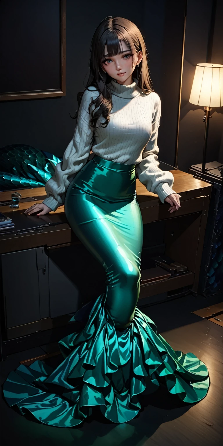 Portrait、(masterpiece,Highest quality,Ultra-high resolution),Japanese women, (((Very beautiful 25 year old girl))),Long sleeve sweater、((Satin mermaid skirt))、The skirt is ankle-length、Dark Room