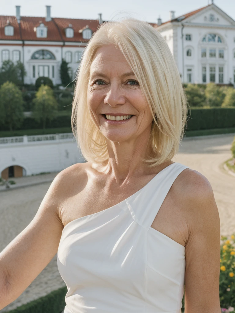 A realistic, photorealistic image of Felicidad, a 60-year-old Finnish woman with a Scandinavian background, (((white blonde and shoulder length hair))), smiling and enjoying, overlooking the mansion over the hilltop, upper body and upper legs, (((round face))), (medium hair)