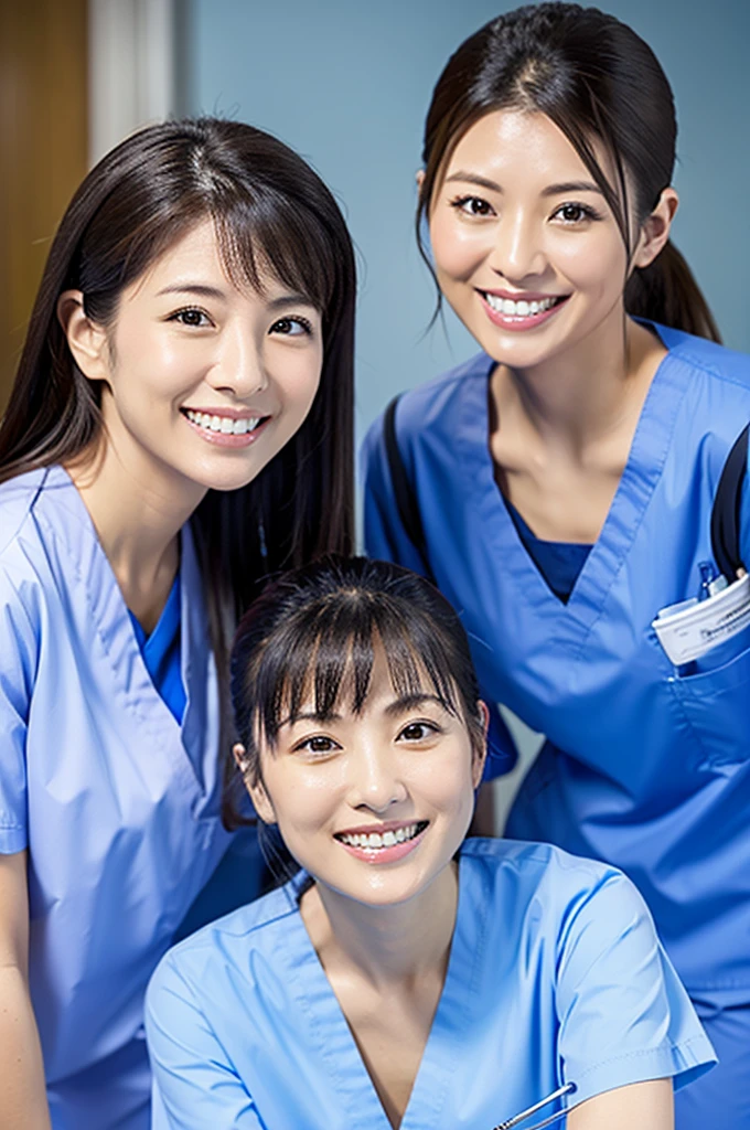 Dental hygienist, only two women Side by side, smiling, wearing light blue medical scrubs Light blue, short sleeves, cute, Japanese, black hair, female, early 40s Upper body close-up high resolution Highest quality Don't press your face too much