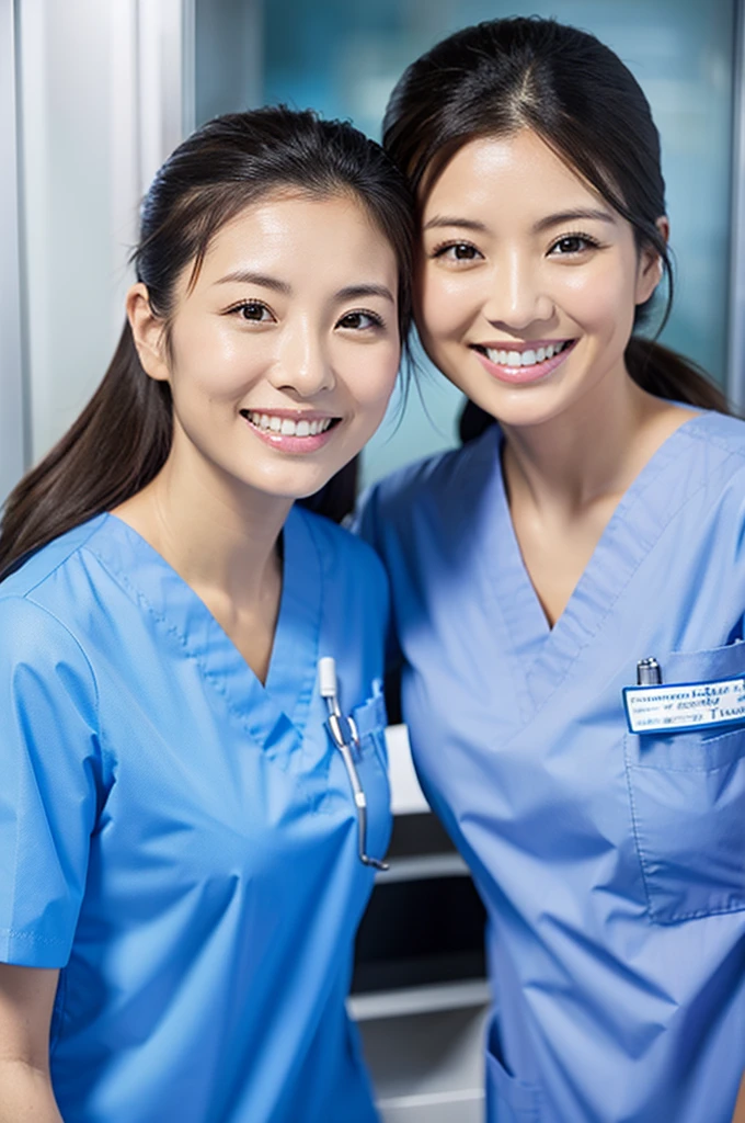 Dental hygienist, only two women　Side by side, smiling, wearing light blue medical scrubs　Light blue, short sleeves, cute, Japanese, black hair, female, early 40s　Upper body close-up　high resolution　Highest quality　　Don&#39;t press your face too much