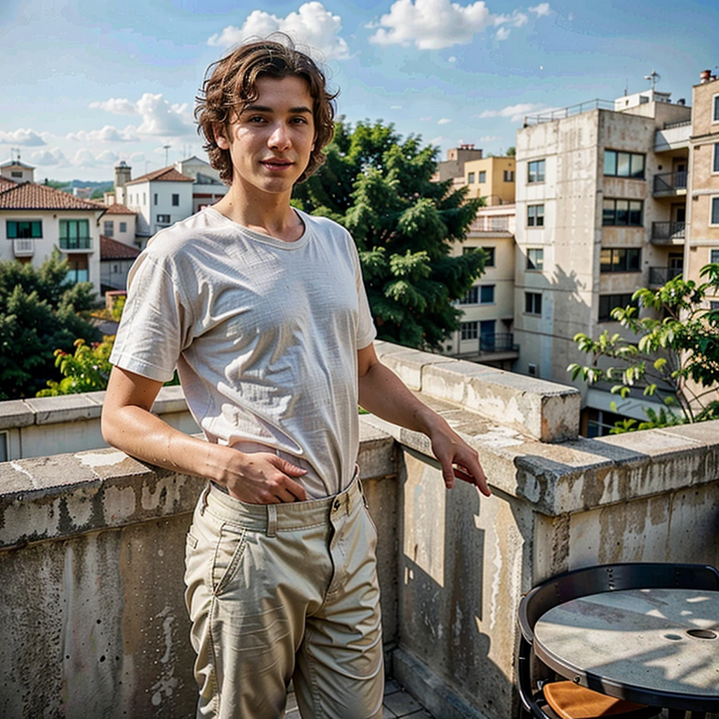 One Caucasian young man, short curly hair, full body shoot, on terrace, filmy grain, realistic, photorealistic, hyper-realistic, candid pose, slight smile, wearing casual clothes