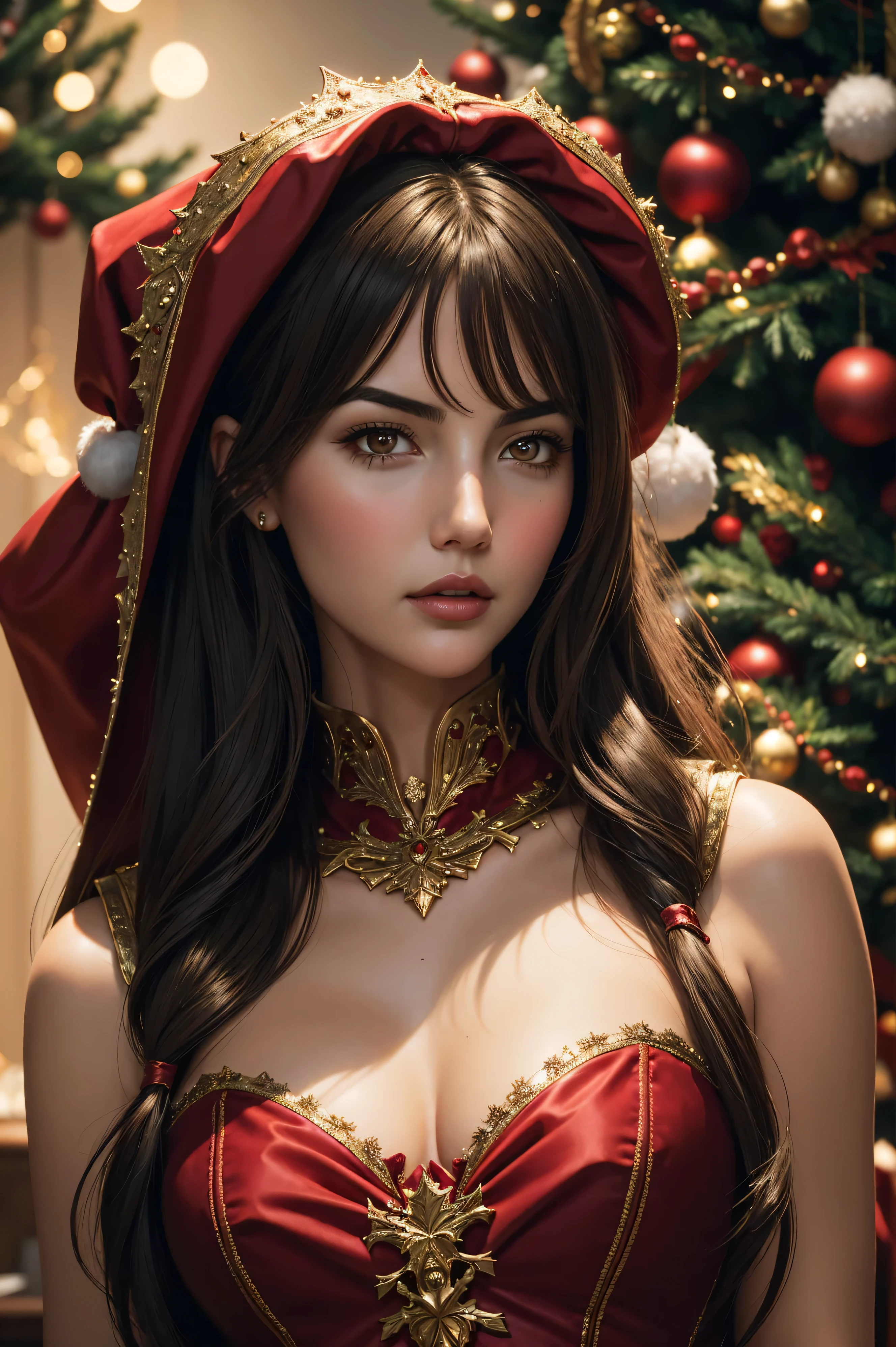 36k, portrait Camilla Belle, wearing Santa Claus corset, against the background of a Christmas tree, character portrait, 7 9 9 0 s, long hair, intricate, elegant, highly detailed, digital painting, artstation, concept art, smooth, sharp focus, illustration, art by wlop, charlie bowater and alexandra fomina