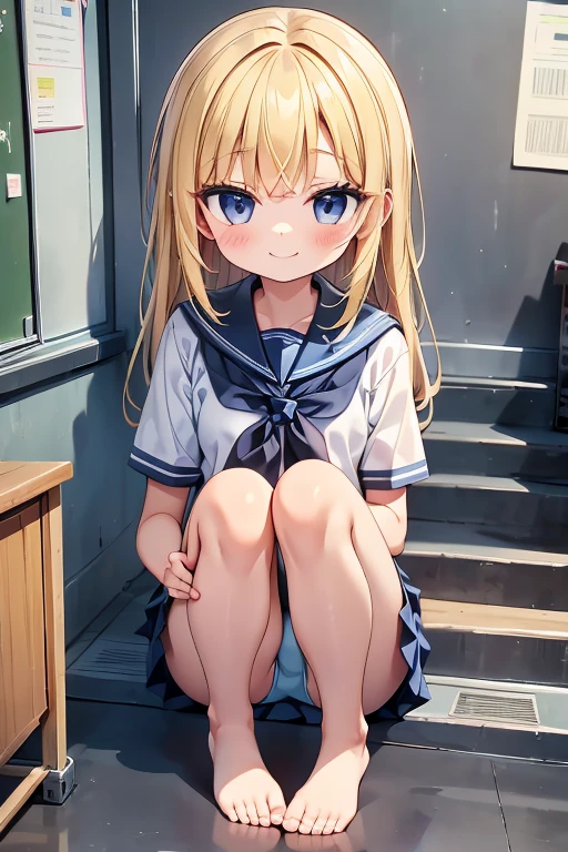 One person!!、Baby Face、Innocent face、human、Smiling 6 year old girl、Long Hair、Blonde!、With bangs、small、1st grade elementary school students、Big eyes、barefoot、black eye、cute、Are thin、凄くsmall胸、身長のsmall、体のsmall、Short legs、、Are standing、School、Schoolの制服、Short sleeve、Bare Skin