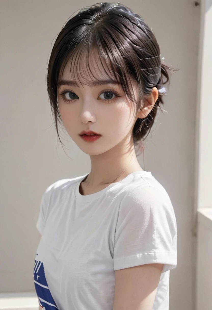 masterpiece, best picture quality, Extreme details, ultra high resolution, ultra high definition, Beautiful girl, woman, shiny skin, thin, black hair, short ponytail, 1, big eyes, beautiful eyes, lipstick, Exquisite facial features, bust, look at the viewer, t-shirt, single tone background, White background, soft light