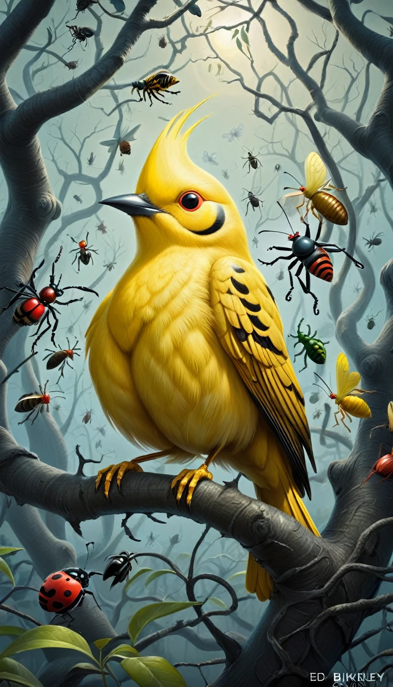 there is a yellow bird sitting on a tree branch with many bugs, a surrealist painting by ed binkley, cgsociety contest winner, pop surrealism, markus reugels, adrian borda, cory loftis