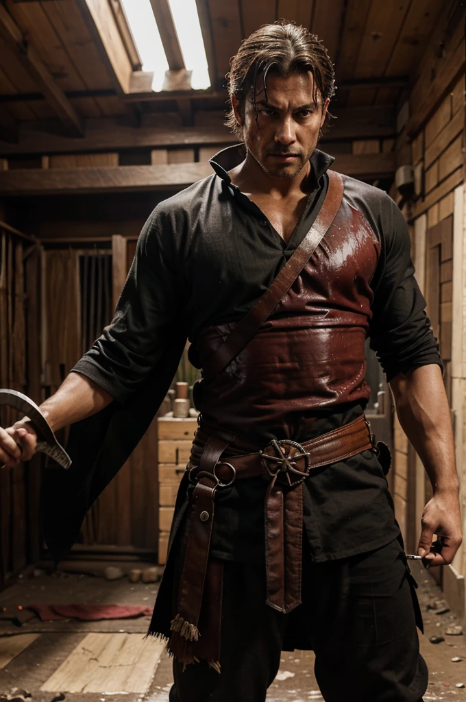 Very handsome young man, black hair in pigtails, wearing red clothes with a whip around his waist, carrying a broken machete