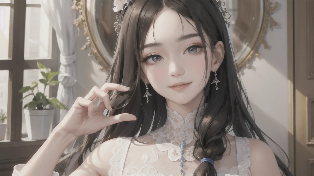 (masterpiece:1.2, best quality), (The real situation, Intricate details), 1. Ms., Solitary, Upper Body, Random, Long hair, Minimalist Makeup, Natural fabrics, Close-up of face, Smile, Home