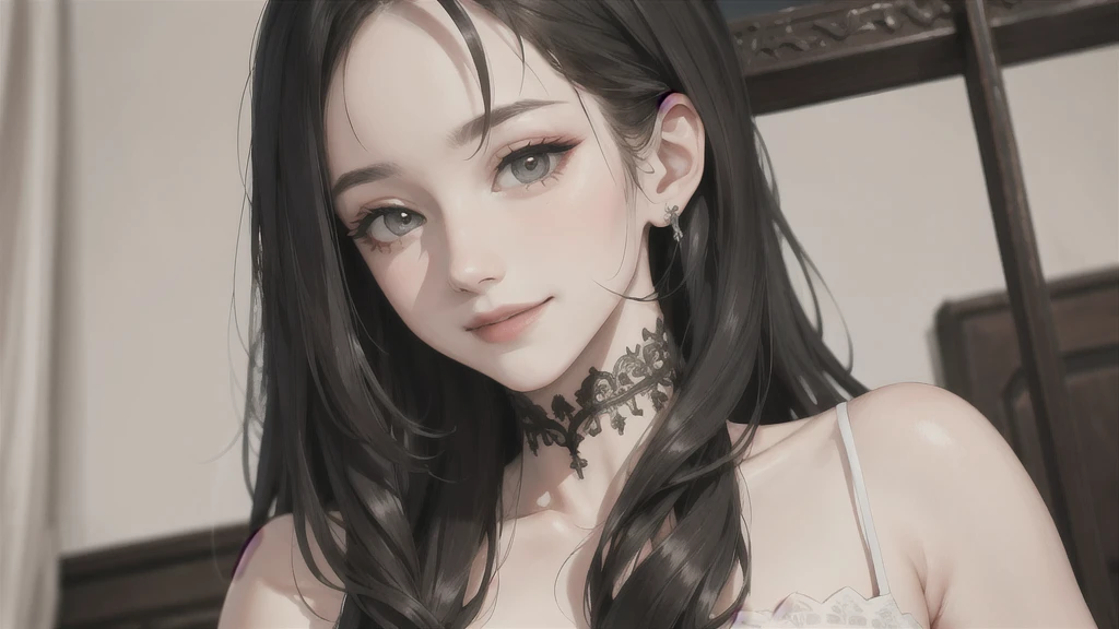 (masterpiece:1.2, best quality), (The real situation, Intricate details), 1. Ms., Solitary, Upper Body, Random, Long hair, Minimalist Makeup, Natural fabrics, Close-up of face, Smile, Home