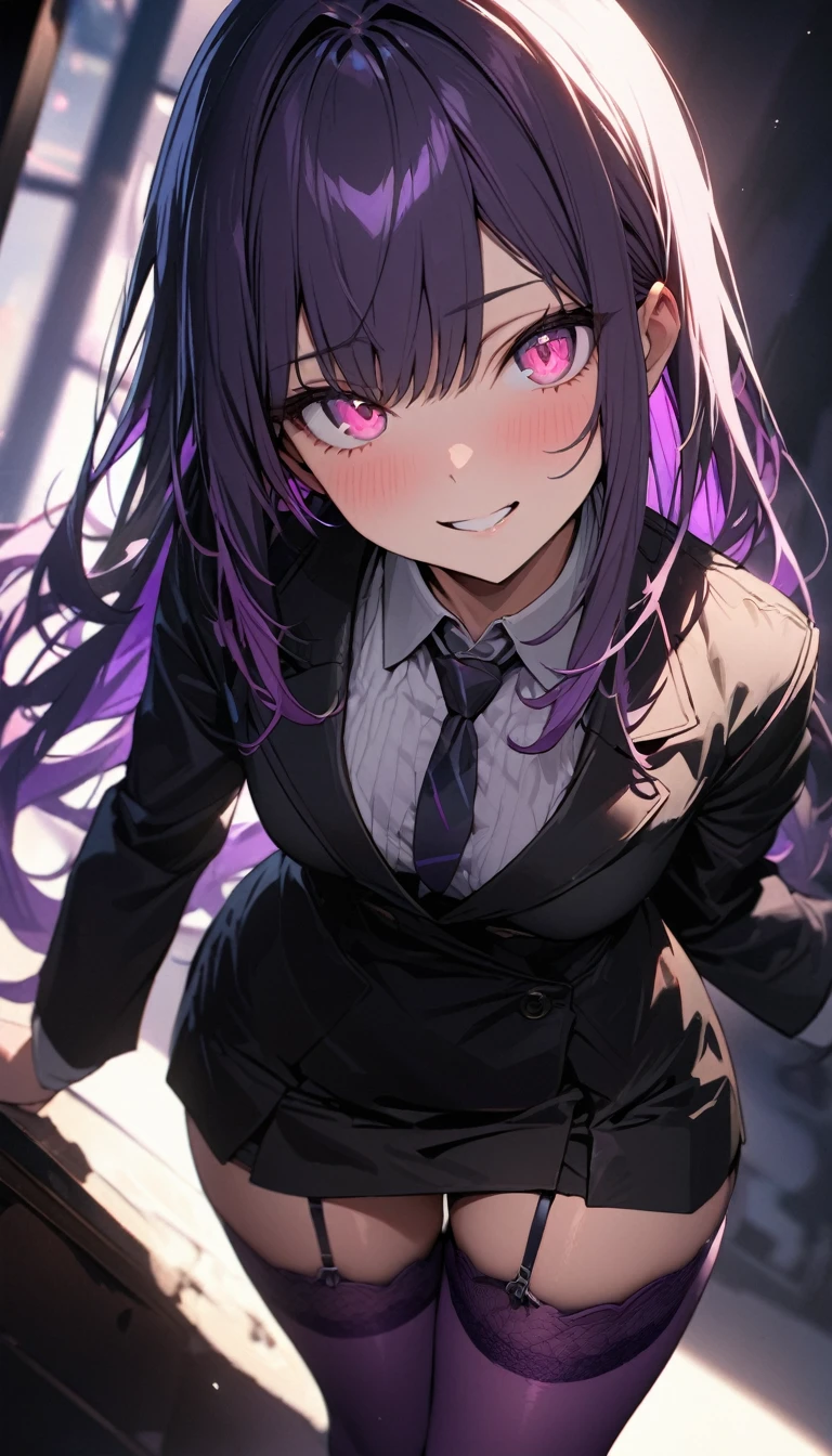 a handsome girl, solo,
violet long hair, bangs, pink eyes, bright eyes,
black long jacket, tie, black skirt, garter rings, purple tights,
grin, blurry background, perfect lighting, best angle,
masterpiece, best quality, extremely detailed face, extremely detailed,