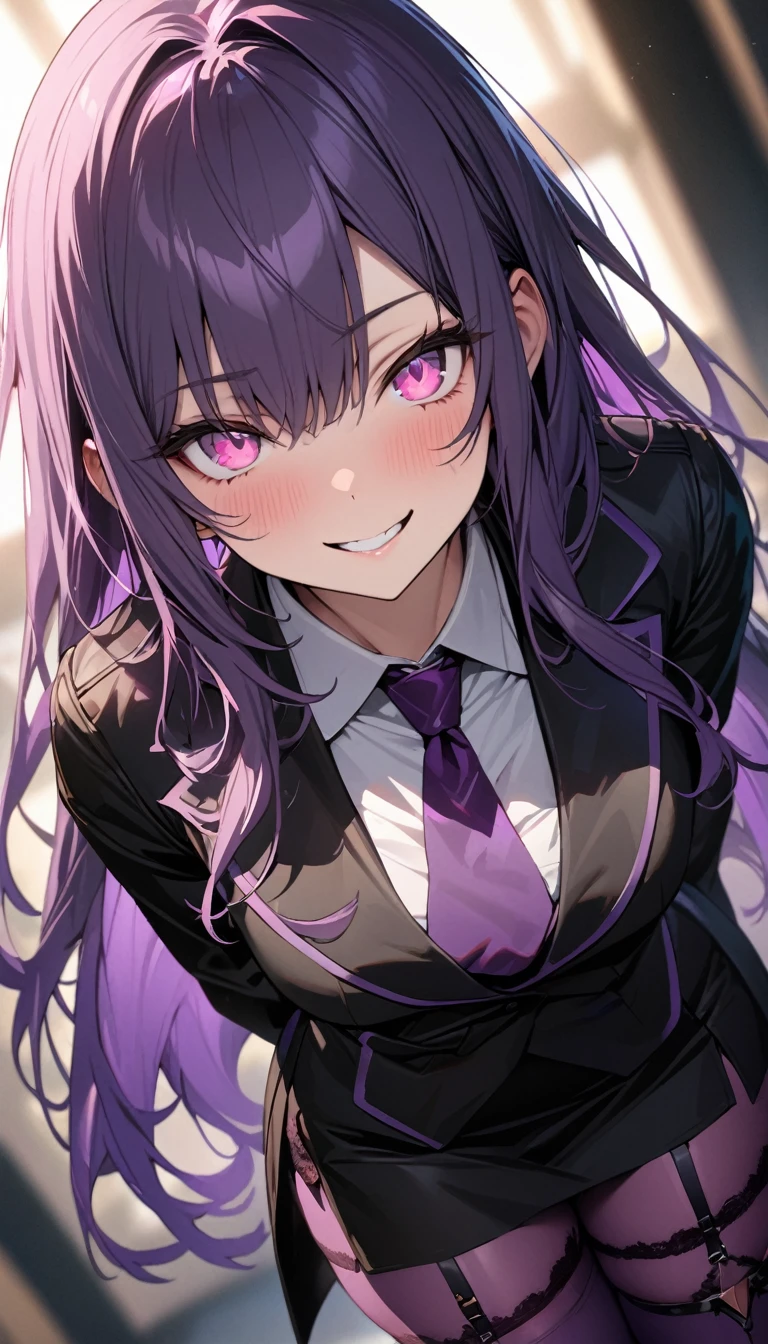 a handsome girl, solo,
violet long hair, bangs, pink eyes, bright eyes,
black long jacket, tie, black skirt, garter rings, purple tights,
grin, blurry background, perfect lighting, best angle,
masterpiece, best quality, extremely detailed face, extremely detailed,