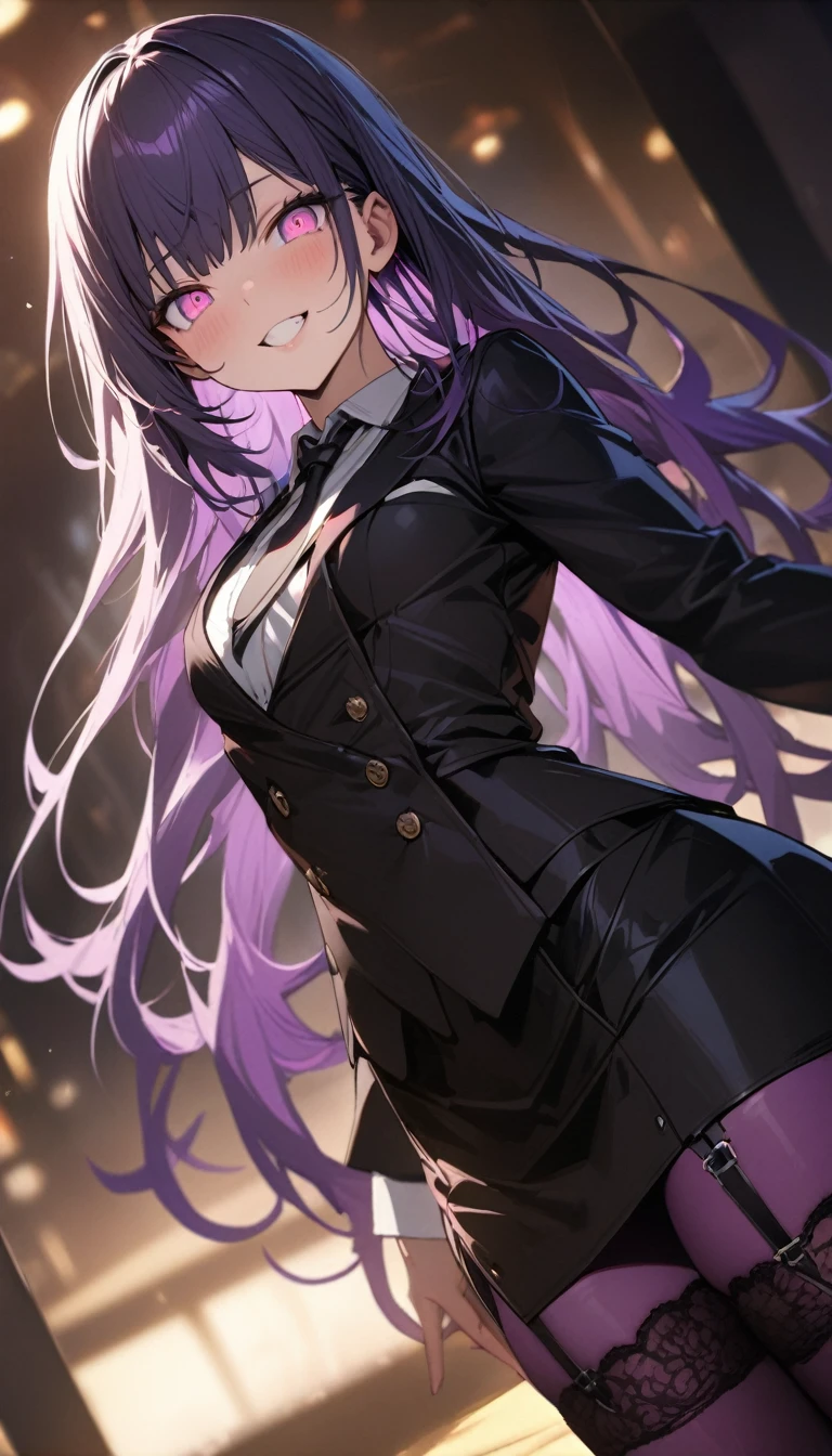 a handsome girl, solo,
violet long hair, bangs, pink eyes, bright eyes,
black long jacket, tie, black skirt, garter rings, purple tights,
grin, blurry background, perfect lighting, best angle,
masterpiece, best quality, extremely detailed face, extremely detailed,