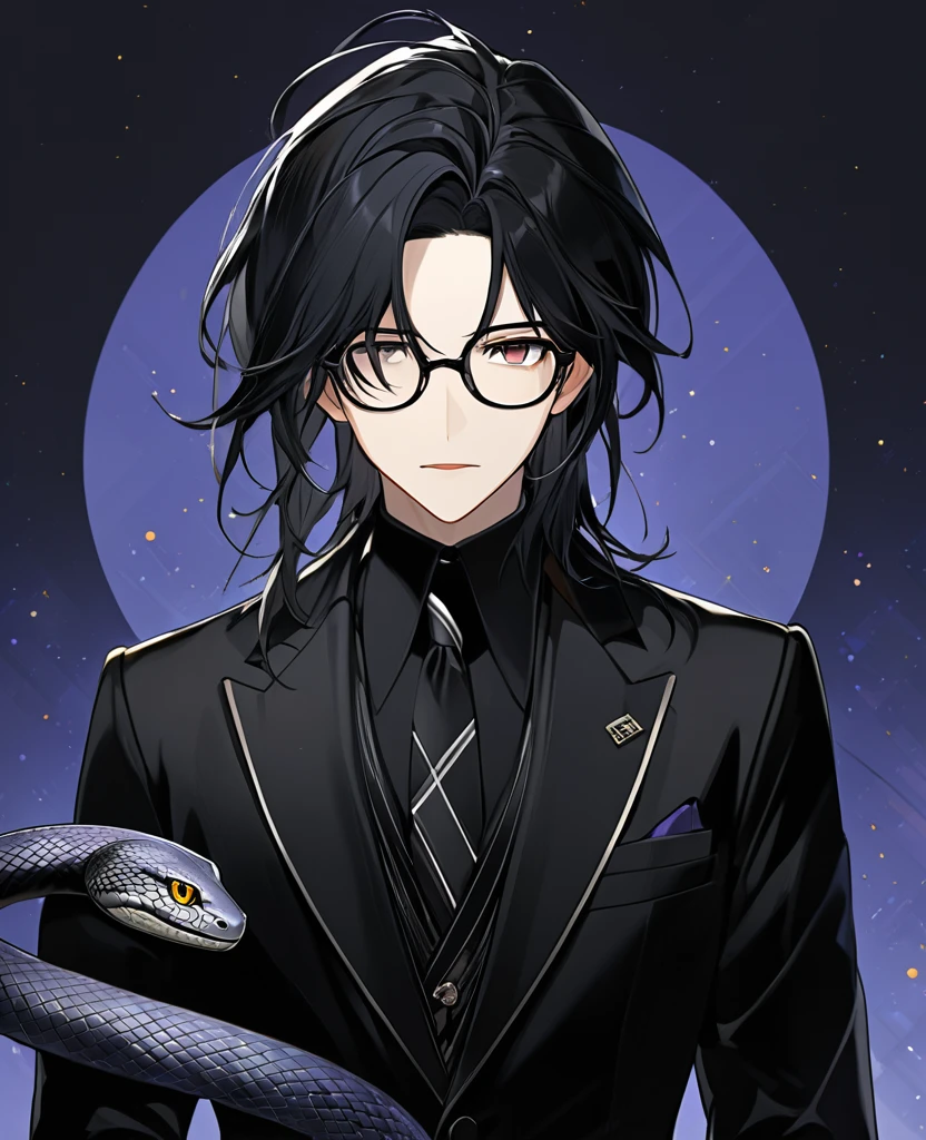 (black_hair), (dark_black_eyes), (snake_pupil),  (detailed_eyes), (attractive), (emotionless), (void_space_background), (male), (wearing _a_black_suit), (long_male_hair), (detailed_Hair), (detailed), (detailed_mouth), (glasses) 