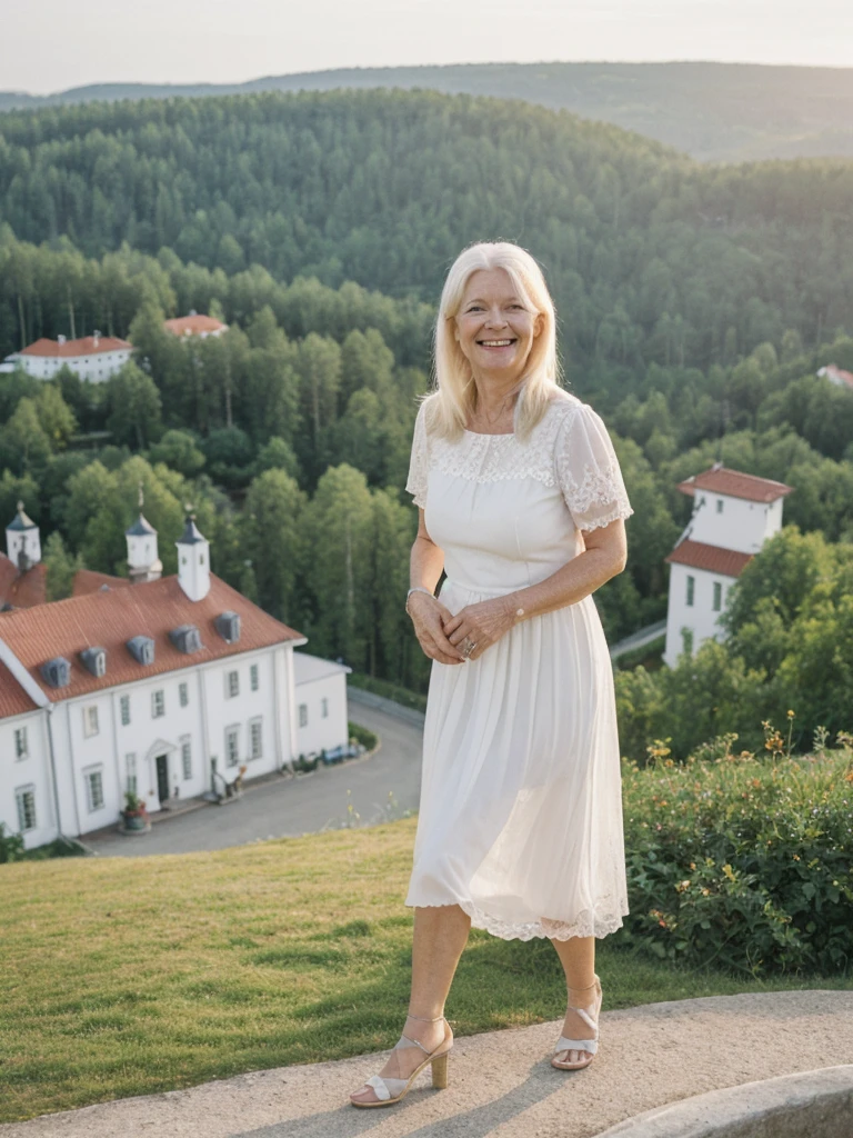 A realistic, photorealistic image of Felicidad, a 60-year-old Finnish woman with a Scandinavian background, (((white blonde and medium length hair))), smiling and enjoying, overlooking the mansion over the hilltop, upper body and upper legs, (((round face))), (medium hair)