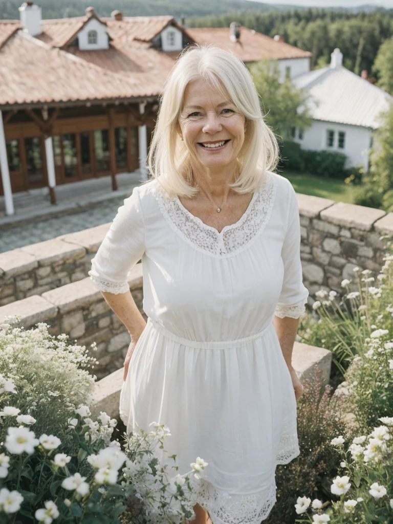 A realistic, photorealistic image of Felicidad, a 60-year-old Finnish woman with a Scandinavian background, (((white blonde and medium length hair))), smiling and enjoying, overlooking the mansion over the hilltop, upper body and upper legs, (((round face))), (medium hair)
