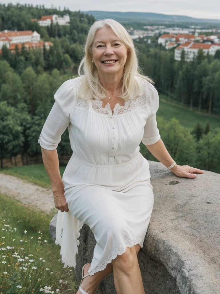 A realistic, photorealistic image of Felicidad, a 60-year-old Finnish woman with a Scandinavian background, (((white blonde and medium length hair))), smiling and enjoying, overlooking the mansion over the hilltop, upper body and upper legs, (((round face))), (medium hair)