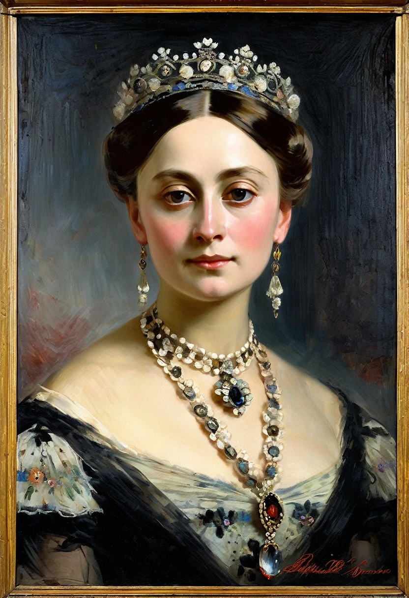 [ceremonial portrait]: charming young queen Victoria, a slight mysterious smile from the shoulder, a dress with embroidered patterns, 19 century,(Konstantin Makovsky style!)), The dark Renaissance, (fog, very scuffing), ((palette/oil painting palette knife)), ((masterpiece)), single shot, impression:1.2, extreme detail, perspective:1.33, 8k