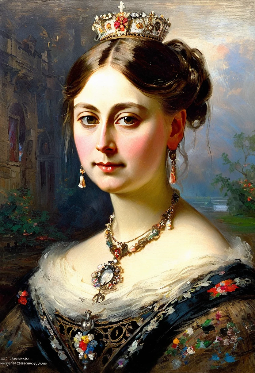 [ceremonial portrait]: charming young queen Victoria, a slight mysterious smile from the shoulder, a dress with embroidered patterns, 19 century,(Konstantin Makovsky style!)), The dark Renaissance, (fog, very scuffing), ((palette/oil painting palette knife)), ((masterpiece)), single shot, impression:1.2, extreme detail, perspective:1.33, 8k