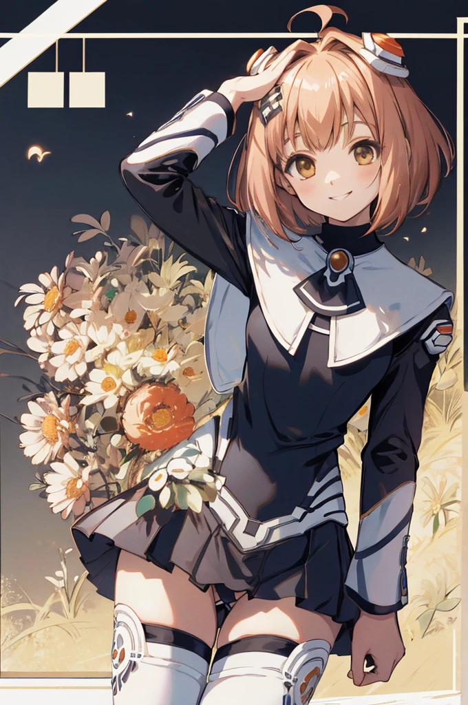 masterpiece, best quality, highres, aamomo,chibi,short hair, ahoge, hair ornament, black ascot, black dress, short dress, long sleeves, white thighhighs,white panty,cameltoe,panty shot, standing, cowboy shot, smile