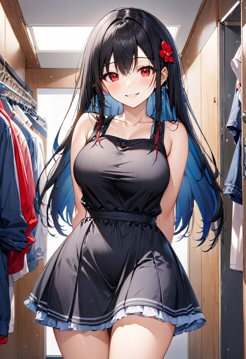 (japanese festival style) (18 yo, straight black hair long hair dominance cool girl, detailed cool red eyes, ecstasy:1.5 smile, big tits), (in a casual one piece dress), (standing, crossing arms)break, (in the Changing Room), BREAK, perfect anatomy, masterpiece, best quality, 16k, beautiful detailed grow, daydreaming expression.