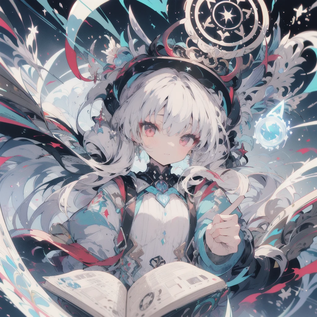 Twin tails,beige hair,Red eyes,colorful,Mysterious,Book,blue flame,magic circle,Illustrations made clear、Illumination