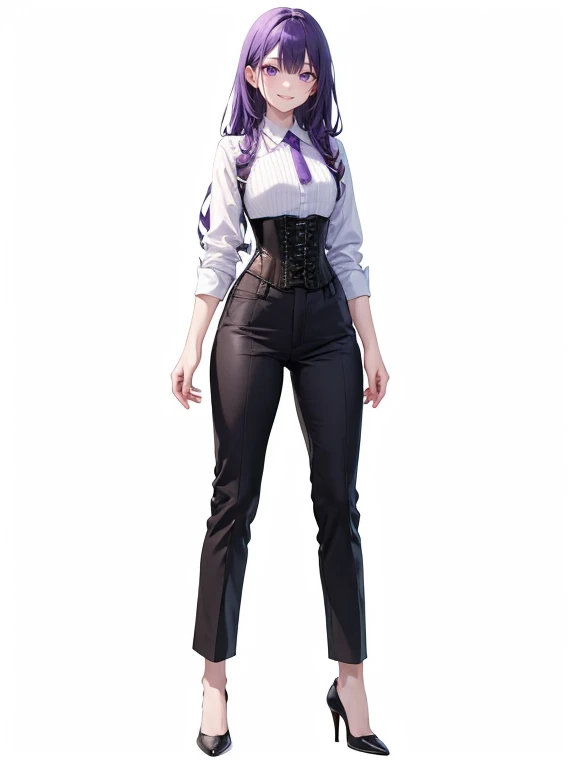 purple,long hair,woman,Shirt with rolled up sleeves,(corset),pants,high heels,,simple background,smile,whole body,full body,full body,Standing picture,vtuber,upright,,Standing upright with face and body facing forward,