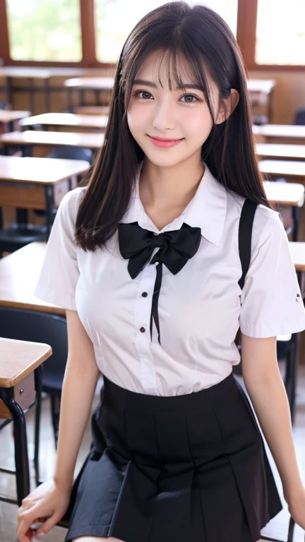 Best image quality、RAW Photos、Ultra-high resolution、18 years old Japanese、Large Breasts、High Angle、Big Breasts、Bright colors、Beautiful black hair、Short Bob、smile、Glowing White Skin、Beautiful eyes with random colors、Very beautiful eyes in every detail、Thin lips、Beautiful eyes in every detail、length, Narrow eyes、Pale pink cheeks、length eyelashes、Beautiful double eyelids、eye shadow、In the classroom、smile、In uniform、whole body、mini skirt、Black Knee High、Sexy pose
