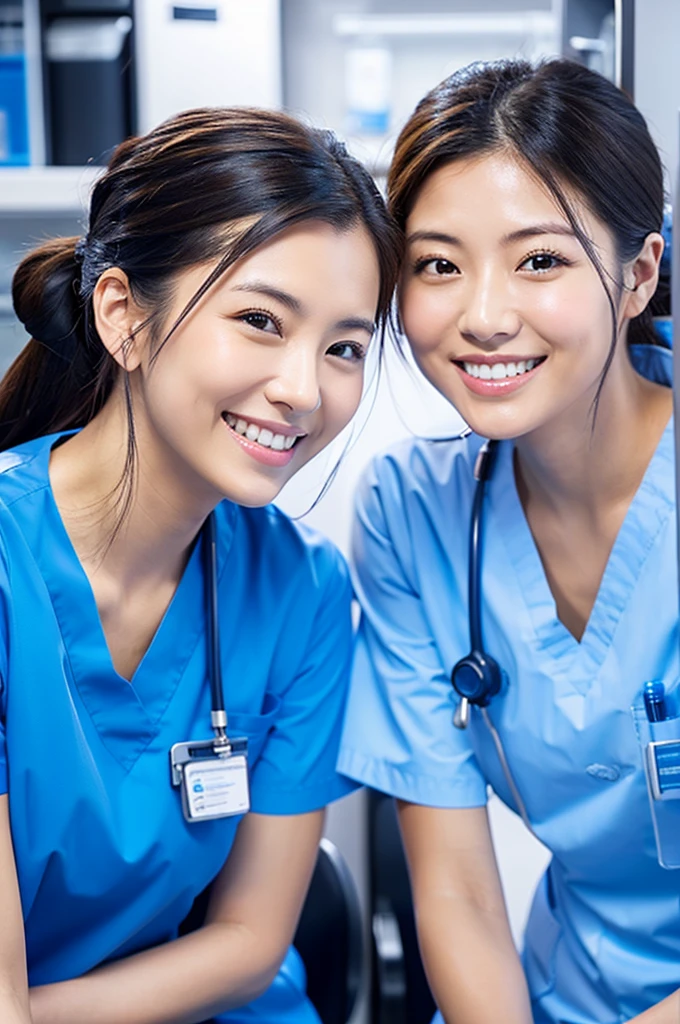 Dental hygienist, only two women Side by side, smiling, wearing light blue medical scrubs Light blue, short sleeves, cute, Japanese, black hair, female, early 20s Upper body close-up high resolution Highest quality Don't put your face too close.々
