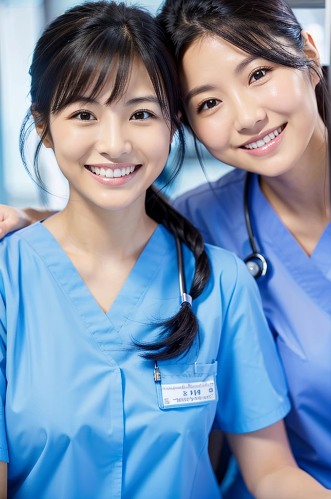 Dental hygienist, only two women Side by side, smiling, wearing light blue medical scrubs Light blue, short sleeves, cute, Japanese, black hair, female, early 20s Upper body close-up high resolution Highest quality Don't put your face too close.々
