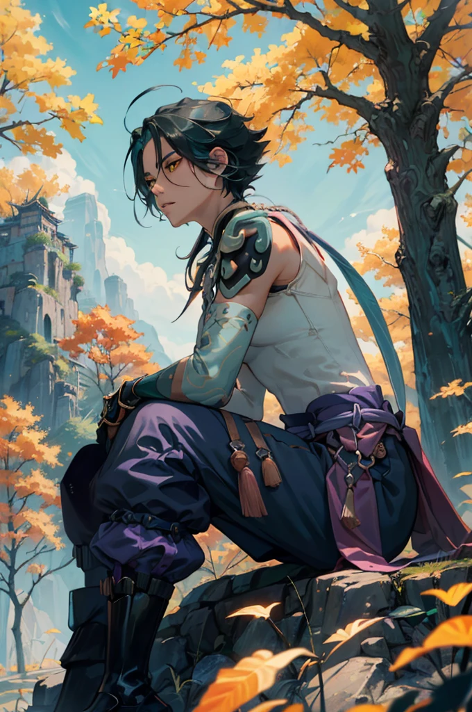 1 adult male solo,xiao \(genshin impact\), 1boy, male focus, short dark teal hair, yellow eyes, white sleeveless shirt, necklace, green tattoo on arm, detached white sleeve, black gloves, wide blue pants, black boots, pink and purple clothes details, black shoulder armor with spikes, outside, chinese mountains, yellow autumn trees, tree leaf falling, windy weather, dramatic light, movie poster style, cinematic shot, book cover, epic