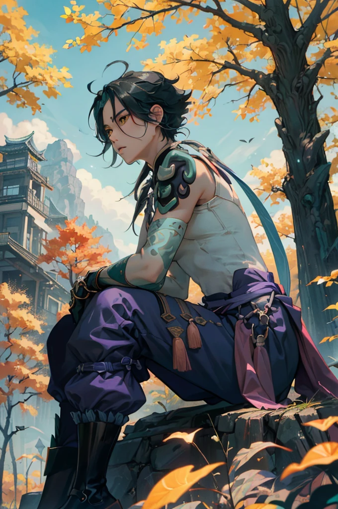 1 adult male solo,xiao \(genshin impact\), 1boy, male focus, short dark teal hair, yellow eyes, white sleeveless shirt, necklace, green tattoo on arm, detached white sleeve, black gloves, wide blue pants, black boots, pink and purple clothes details, black shoulder armor with spikes, outside, chinese mountains, yellow autumn trees, tree leaf falling, windy weather, dramatic light, movie poster style, cinematic shot, book cover, epic
