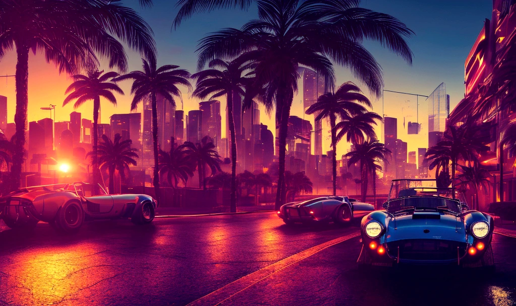 A highly detailed photorealistic digital painting of a Shelby Cobra sports car, 5:3 aspect ratio, set against a broad cityscape of Miami at night, palm trees, with a touch of blood and speed, (best quality,4k,8k,highres,masterpiece:1.2),ultra-detailed,(realistic,photorealistic,photo-realistic:1.37),hyper-detailed, dramatic lighting, neon lights, radiant colors, cinematic composition, reflections, depth of field