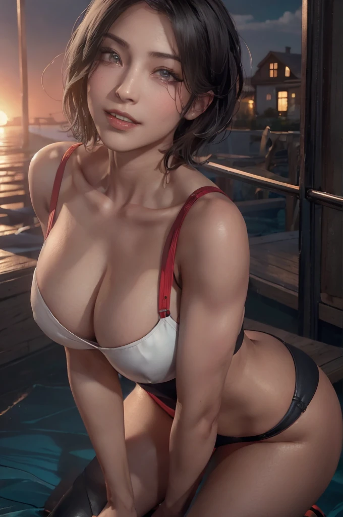 1 girl， solo， Ada Wong in Resident Evil 4 Remake， short detailed hair， brunette color hair， ，Huge ass，Big thick legs，full，Red cheongsam， Short-sleeved shirt， Black， nedium breasts， upper limbs， hindquarters， Black heels， Adriana's face， Find your audience， sly smile， A pistol was hung on her waist， best qualtiy， hight resolution：1.2， 18th century village in the background， Shadowing， Nightmare， rays of moonlight， Upper body photography， Low camera angle、depth of fields、center focused