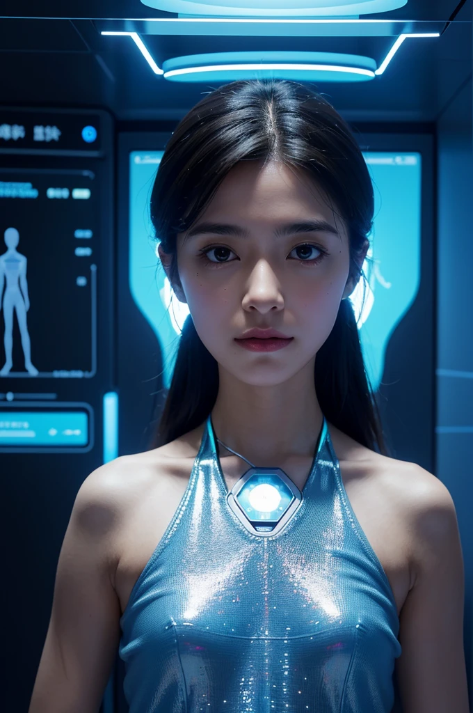 "Create an image depicting a futuristic medical clinic where personalized medicine is practiced. Show a patient interacting with a holographic doctor who is analyzing their genetic profile displayed on advanced holographic screens. The environment should be sleek and high-tech, with advanced medical equipment and devices tailored to individual treatment plans. Highlight the seamless integration of technology in healthcare, emphasizing precision and personalization."