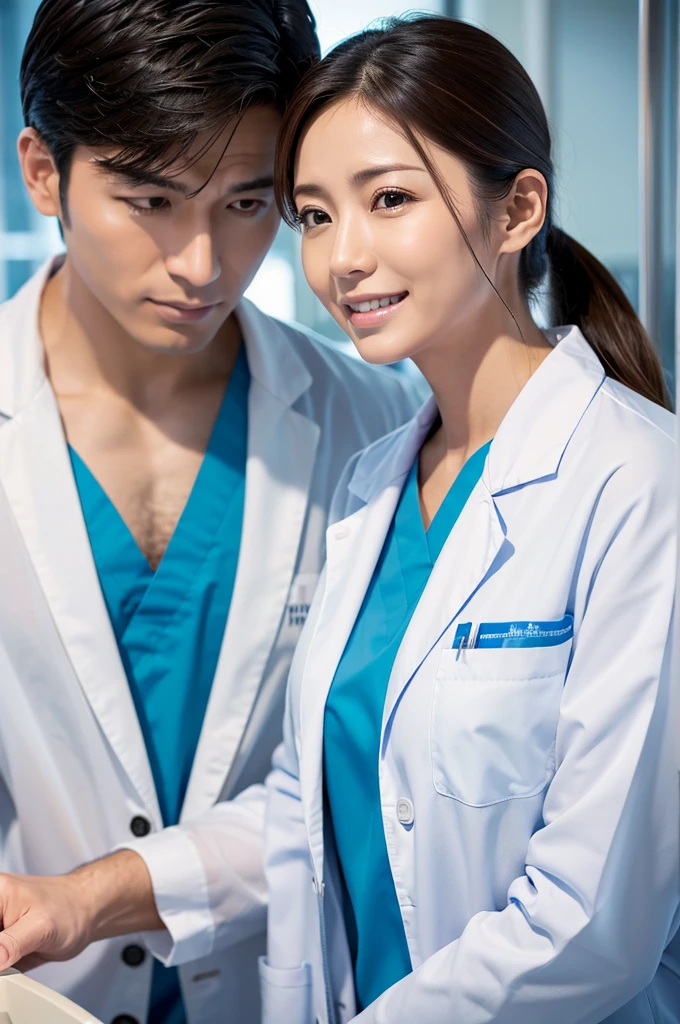 Male dentist and female dental hygienist 2people A good business partner 日本people系 Wearing a lab coat Wearing medical scrubs Upper body close-up high resolution high resolution Highest quality 日本people Look straight ahead