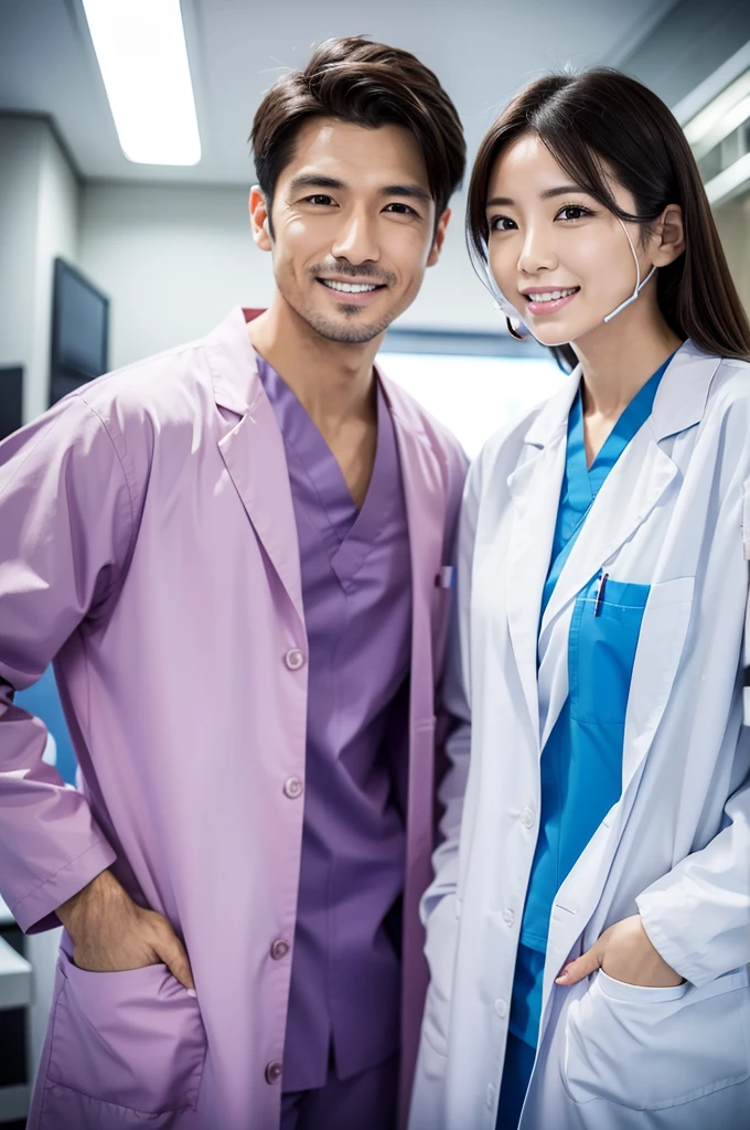 Male dentist and female dental hygienist 2people A good business partner 日本people系 Wearing a lab coat Wearing medical scrubs Upper body close-up high resolution high resolution Highest quality 日本people Look straight ahead