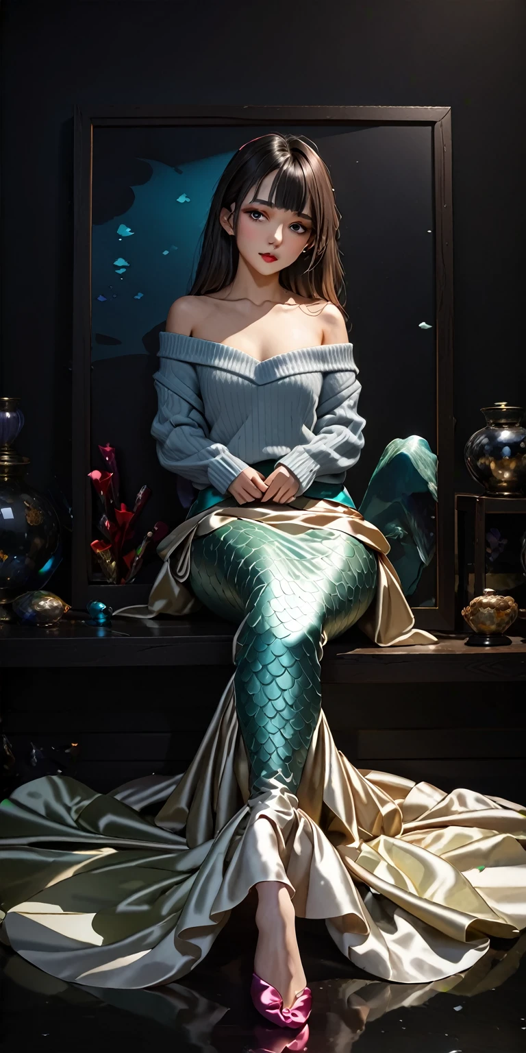 Portrait、(masterpiece,Highest quality,Ultra-high resolution),Japanese women, (((Very beautiful 25 year old girl))),Long sleeve sweater、((Satin mermaid skirt))、The skirt is ankle-length、Dark Room