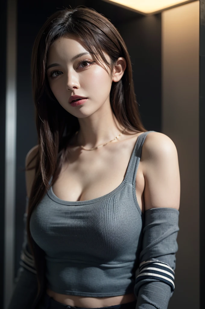 Fantasy art, Photorealism, Dynamic Lighting, Art Station, Poster, Volumetric lighting, Highly detailed face, (Official Uniform: 1.4), Long Hair, sweater, Delicate clavicle, Bare shoulders, Ample breasts