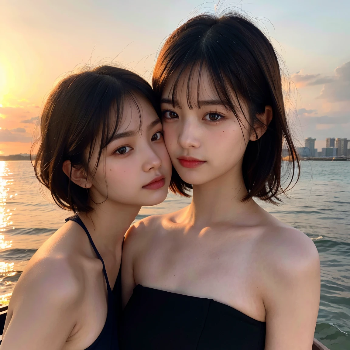 In thai novel art style A couple safic of Two young adult South Korean women with height differences. The oldest in her twenty-eight with her black hair and shorter height and the youngest with her twenty-four years being more than his girlfriend. Embraced on the shore between sand and sea, they smile like a couple in love while the orange sunset sun illuminates their faces, which are enveloped by the beige colors of the sunset.