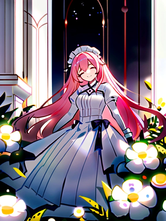 tmasterpiece,Best quality at best,1girl,Be a little round, Round God,solo,The pink hair ends gradually become transparent,transparent wings,White headband headdress,Long hair and double ponytail,ssmile,mitts,a white long skirt,Lie asleep on your side with your eyes closed,holding the earth,There are a lot of flowers around the cosmic background,Vertical painting effect,The upper part of the body,(kbxll:0.6)