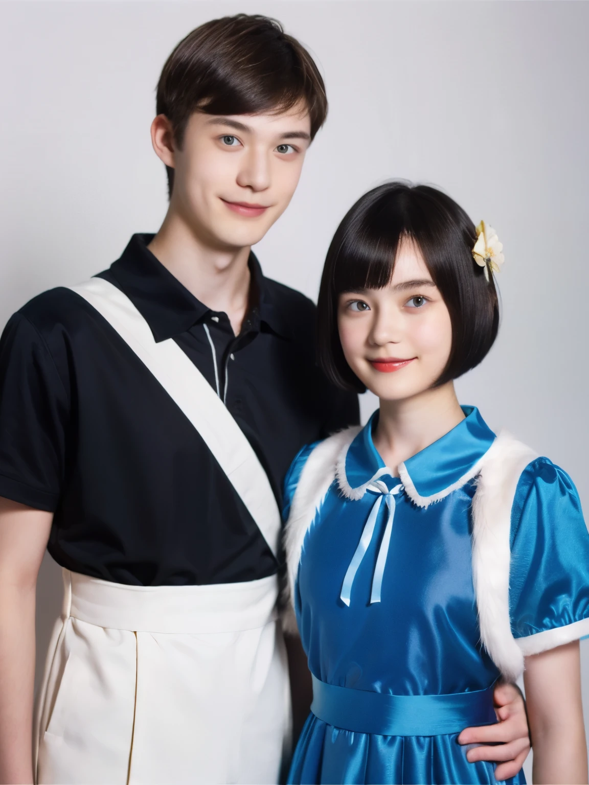 248 (An 18-year-old female and an 18-year-old male), (short hair),kind, lipstick, Finnish national costume, smile