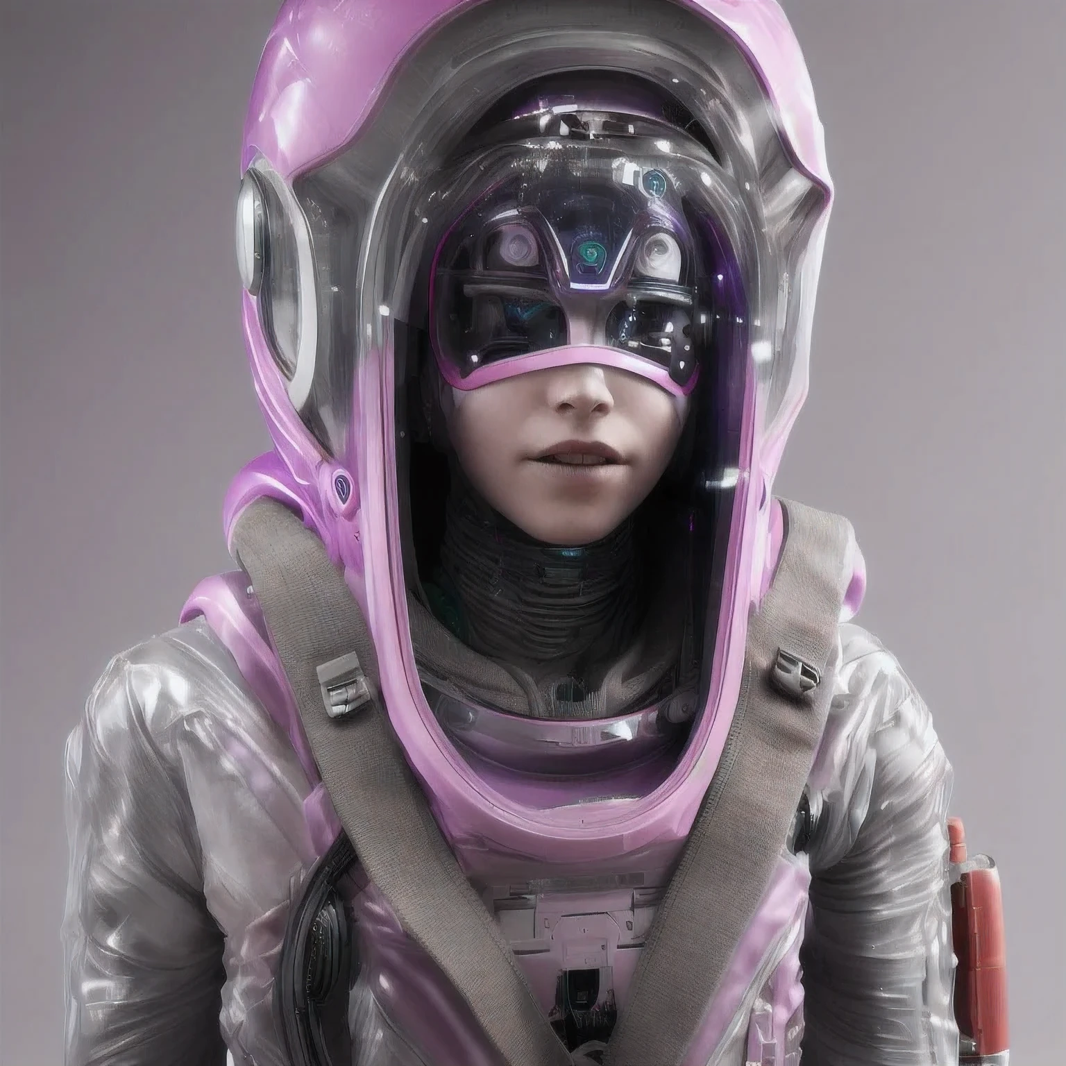 Photo of a college student, Purple Pink, Futuristic space suit, (freckle:0.8) Cute face, Science Fiction, Dystopia, Delicate eyes, Green pupils((side view))