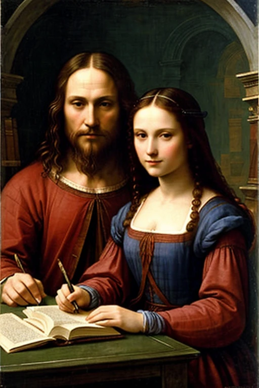 I paint two characters by Leonardo da Vinci, man and womanbackground a room with a desk and many books, a perfect physical man and a closed book woman 