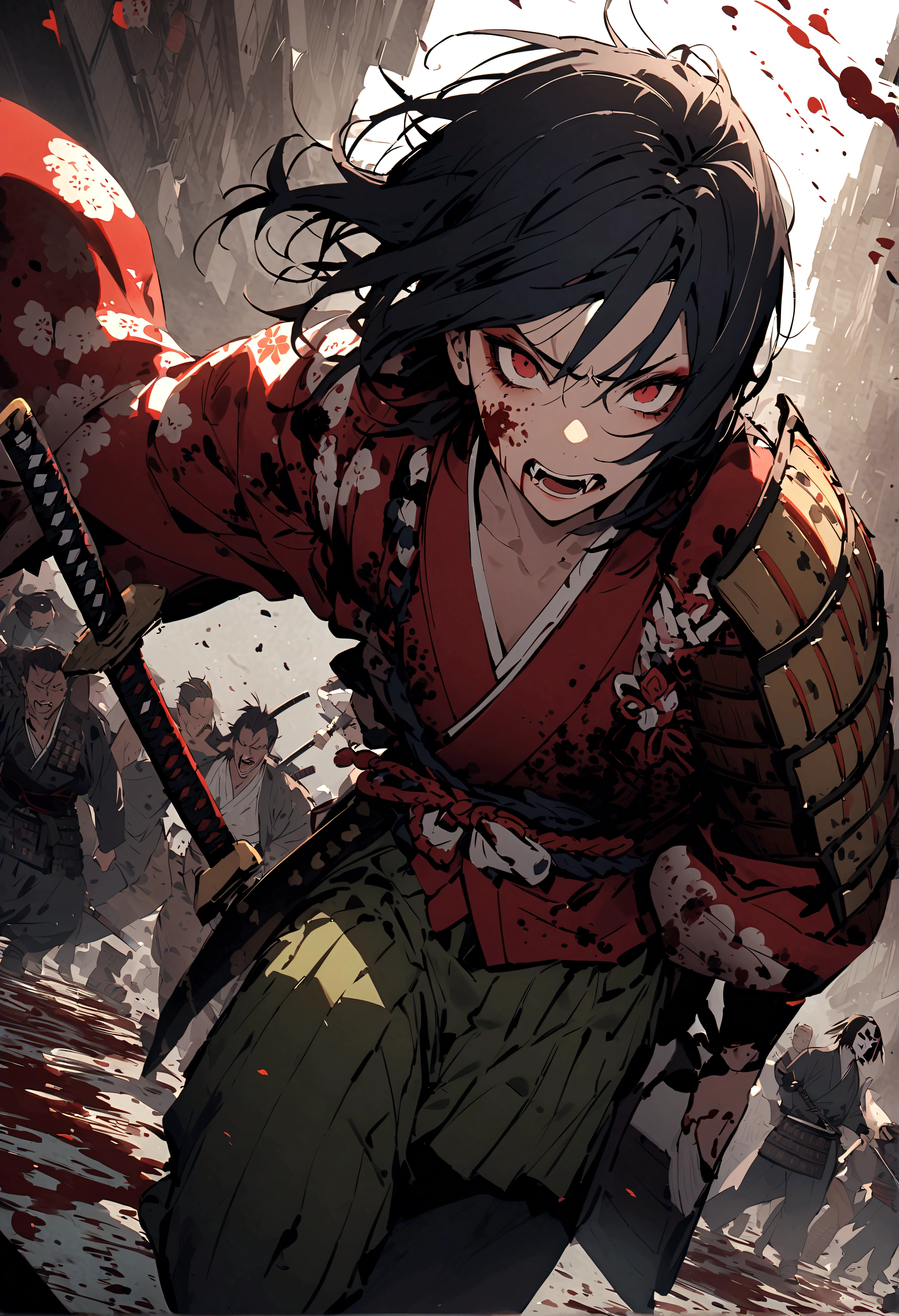 Highest quality、detailed、A battlefield covered in blood and guts、Blood makeup、The best samurai in Japan、Demon Mask👺、Monkey&#39;s Tail、Dog&#39;s Fangs、Pheasant Wings、Sore body、Japanese Armor、Japanese sword、Black Hair、Madness、mad Men、