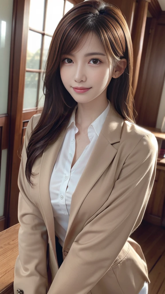 Tabletop, Highest quality, Realistic, Super detailed, In detail, High resolution, 8k wallpaper, One beautiful woman,, Light brown messy hair, Wearing a business suit, Sharp focus, Perfect dynamic composition, Beautiful attention to detail, Fine hair, Detailed and realistic skin texture, smile, Close-up portrait, Model Body Type