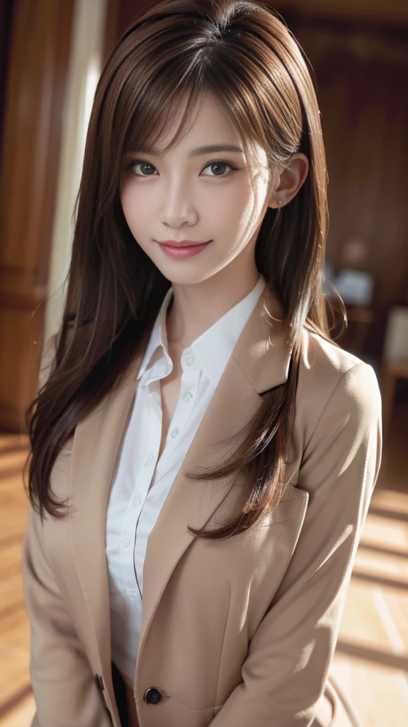 ((highest quality、Masterpiece、High resolution))、(((Zoom photo of upper body)))、(A shy smile:1.2)、One 15-year-old female、Beautiful Skin、Beautiful Eyes、Large Breasts、blazer、shirt、Brown Hair、Trimmed bangs、Wavy Hair