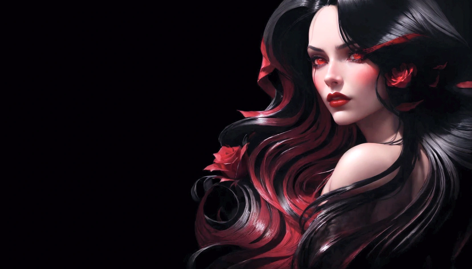 a close up of a woman with long black hair and red roses, black and red hair, stylized digital art, sultry digital painting, karol bak uhd, black and red hair hair, detailed long black hair, 8k high quality detailed art, dark but detailed digital art, very long black/red hair, gorgeous digital art, seductive cyberpunk dark fantasy