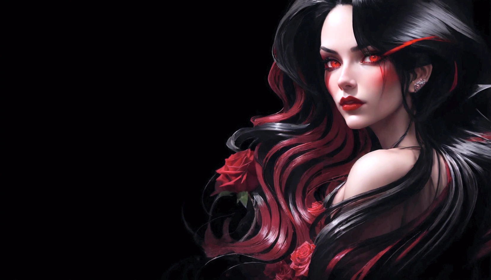 a close up of a woman with long black hair and red roses, black and red hair, stylized digital art, sultry digital painting, karol bak uhd, black and red hair hair, detailed long black hair, 8k high quality detailed art, dark but detailed digital art, very long black/red hair, gorgeous digital art, seductive cyberpunk dark fantasy